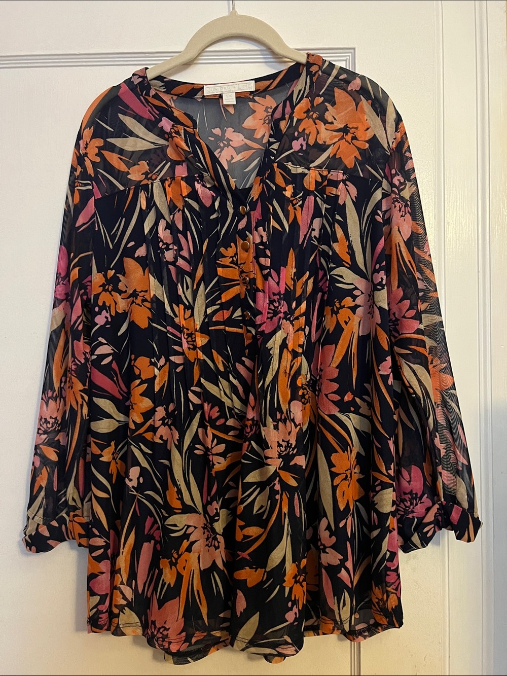 Women's Sheer Floral V-Neck Tunic in Black, Orange & Pink